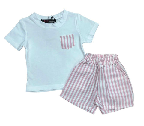 Boys Stripped Top And Short Set Pink