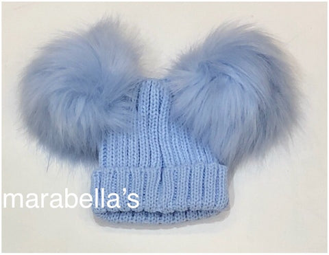 Pale Blue Knitted Hat With Two Faux Fur Pom Pom's