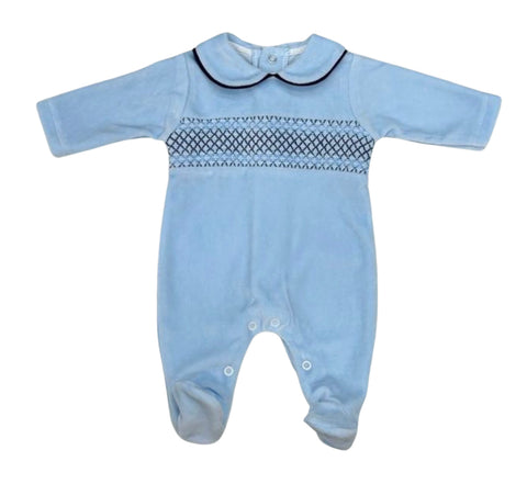 Baby Boys Blue and Navy Velour Baby Grow