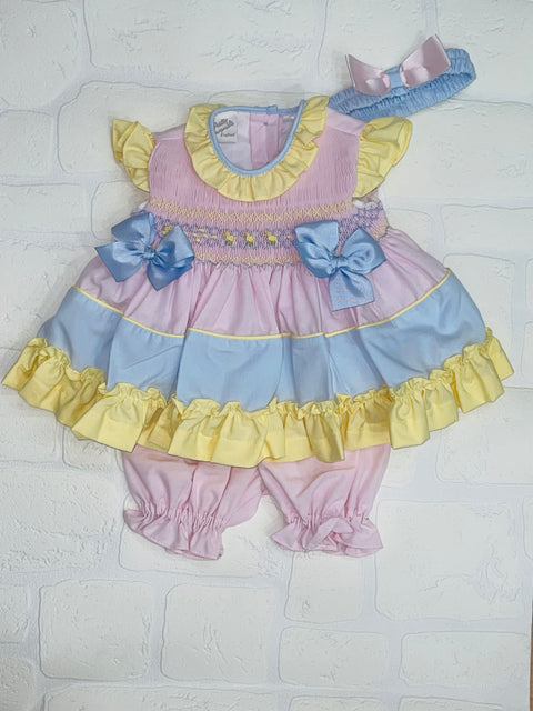 Pretty Originals Blue, Pink and Lemon Smocked Dress