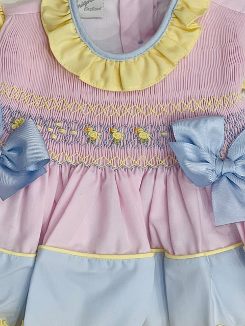 Pretty Originals Blue, Pink and Lemon Smocked Dress