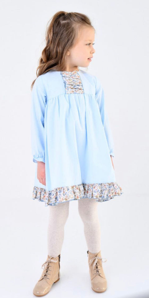 Lor Miral Blue Dress with Ruffle Trim