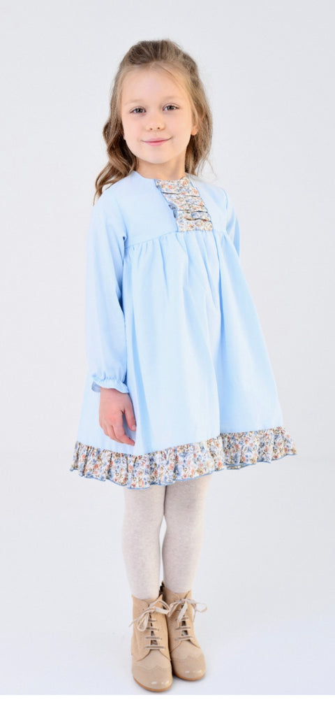Lor Miral Blue Dress with Ruffle Trim