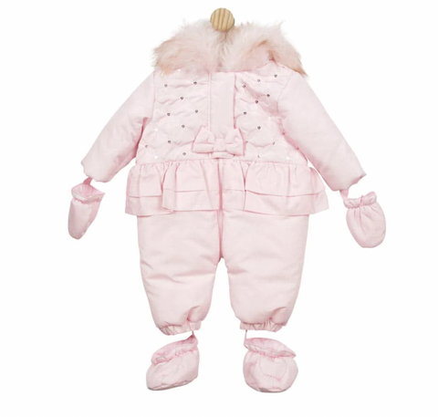 Mintini Baby Girls Pink Faux Fur Trim & Bow Snowsuit