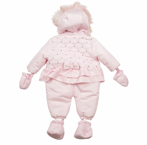 Mintini Baby Girls Pink Faux Fur Trim & Bow Snowsuit