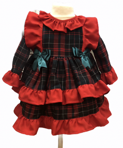 Baby Girl's Checked Tartan Frill Trim Dress with Green Bows