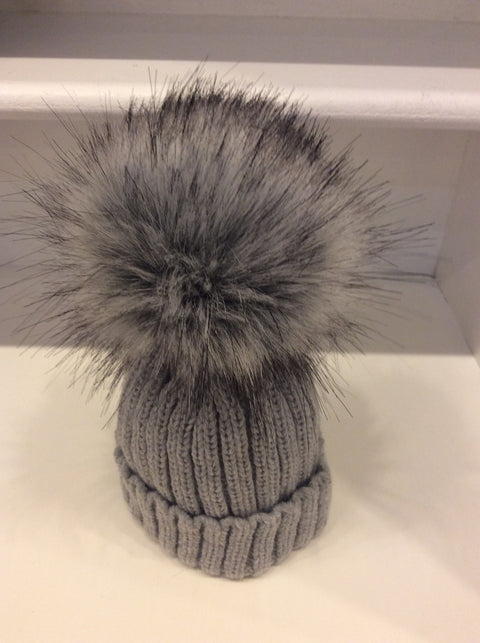 Grey Pom Pom Hat  (Faux Fur)
