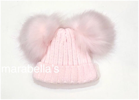 Pink Knitted Hat With Double Faux Fur Pom Pom