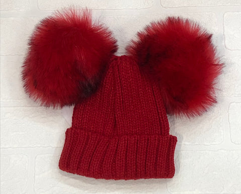Red  Double Pom Pom Hat  (Faux Fur)