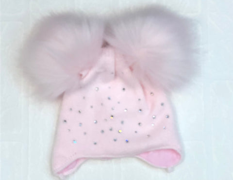 Baby Girl's Pink Double Pom Pom Diamante Hat