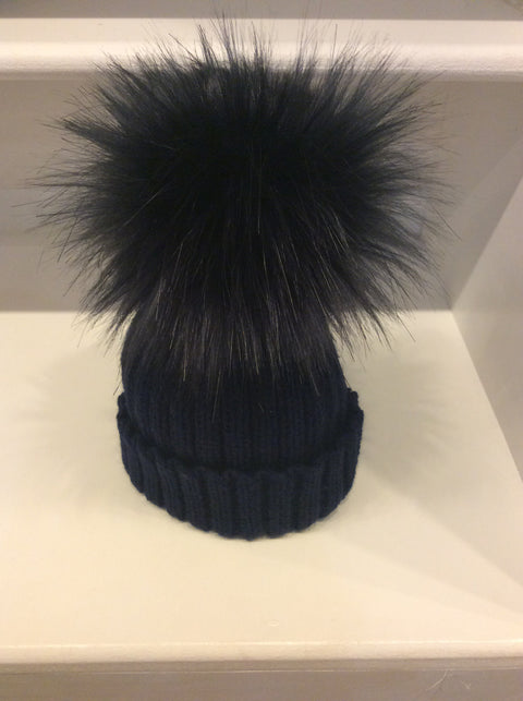 Navy Pom Pom Hat  (Faux Fur)