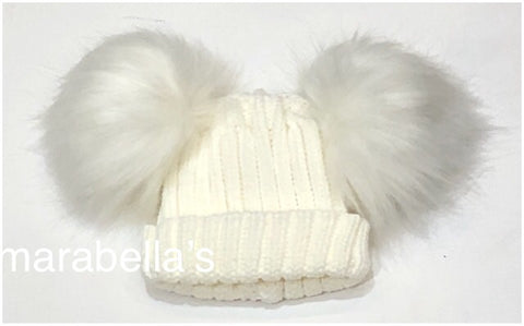Cream Knitted Hat With Two Faux Fur Pom Poms