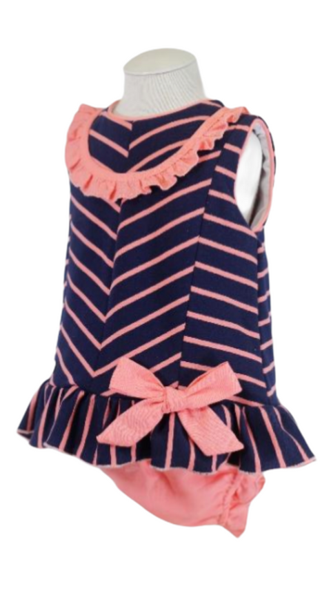 Basmarti Baby Girl's Navy Striped Dress With Knickers