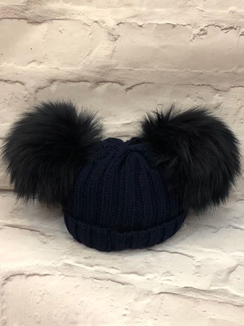 Navy Blue Knitted Hat With Two Faux Fur Pom Poms